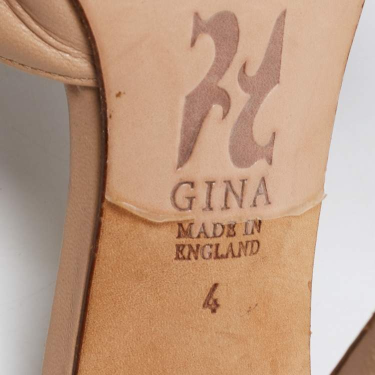 Pre Owned Gina Beige Leather Crystal Embellished Bow Open Toe Sandals Size 37