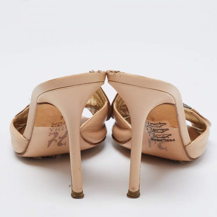 Pre Owned Gina Beige Leather Crystal Embellished Bow Open Toe Sandals Size 37