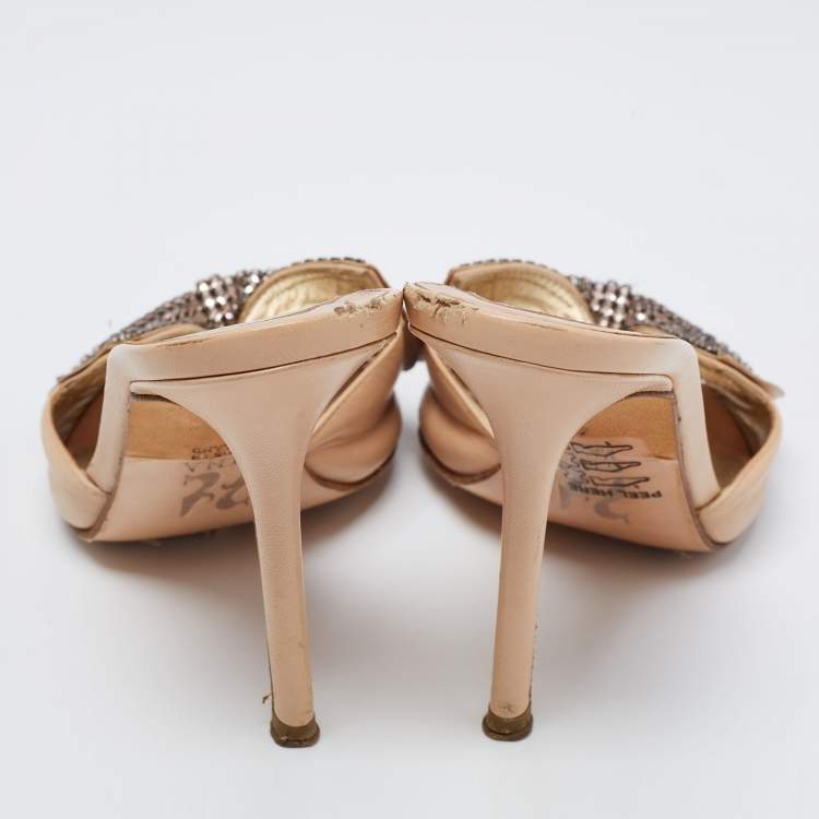 Pre Owned Gina Beige Leather Crystal Embellished Bow Open Toe Sandals Size 37