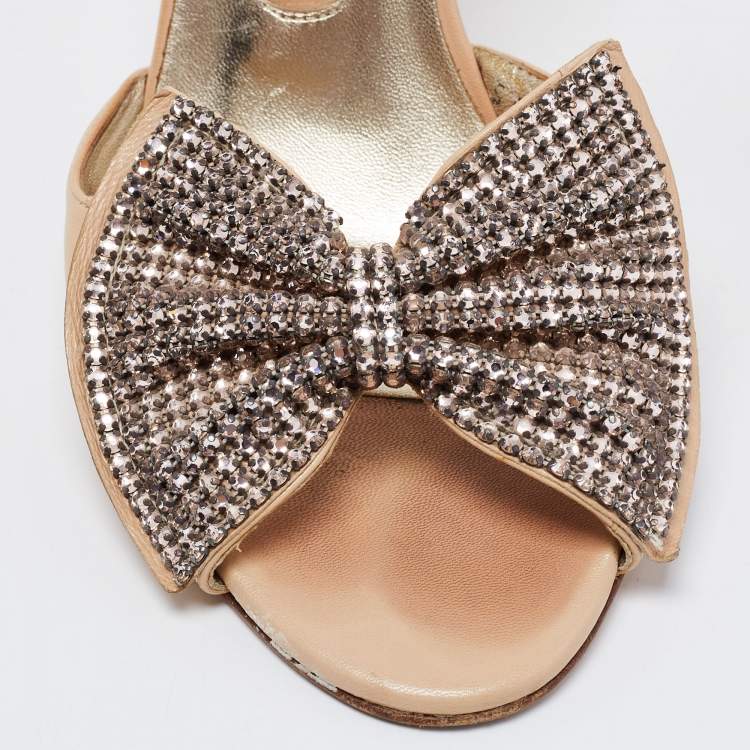 Pre Owned Gina Beige Leather Crystal Embellished Bow Open Toe Sandals Size 37