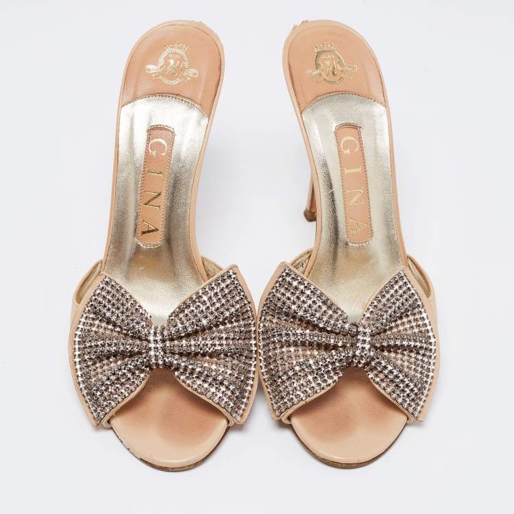 Pre Owned Gina Beige Leather Crystal Embellished Bow Open Toe Sandals Size 37