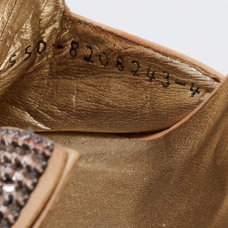 Pre Owned Gina Beige Leather Crystal Embellished Bow Open Toe Sandals Size 37