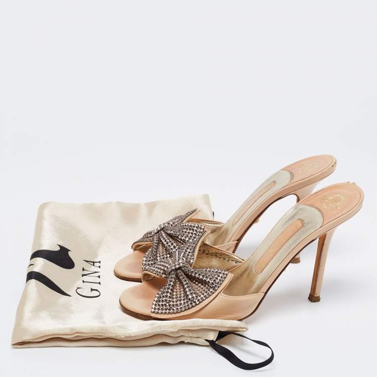 Pre Owned Gina Beige Leather Crystal Embellished Bow Open Toe Sandals Size 37