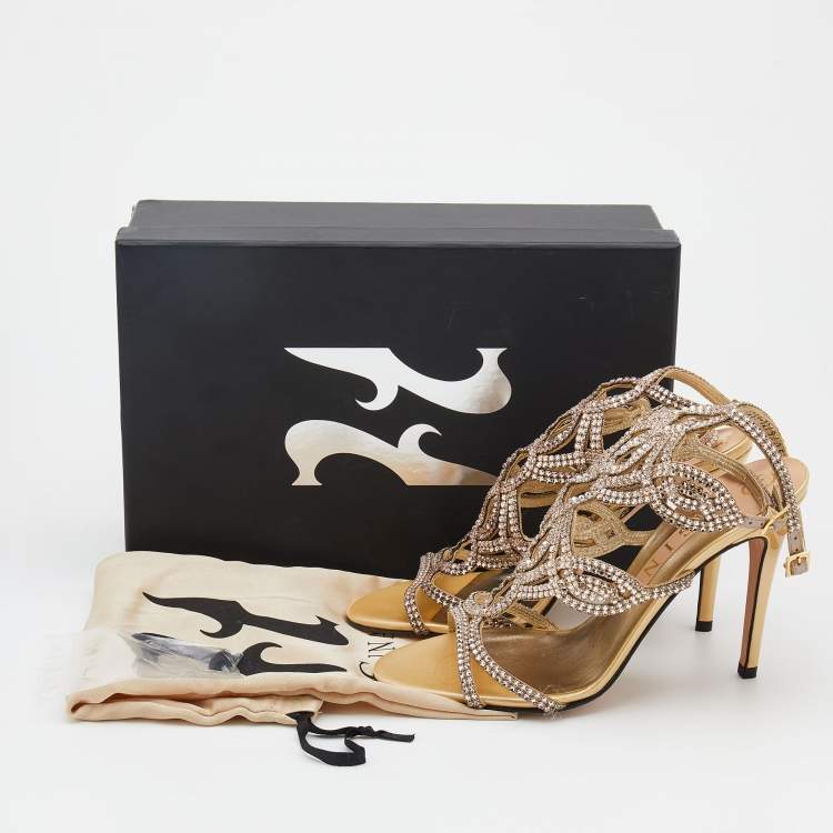 مملوكة مسبقًا Gina Beige Leather Crystal Enbellished Ankle Wrap Sandals Size 38