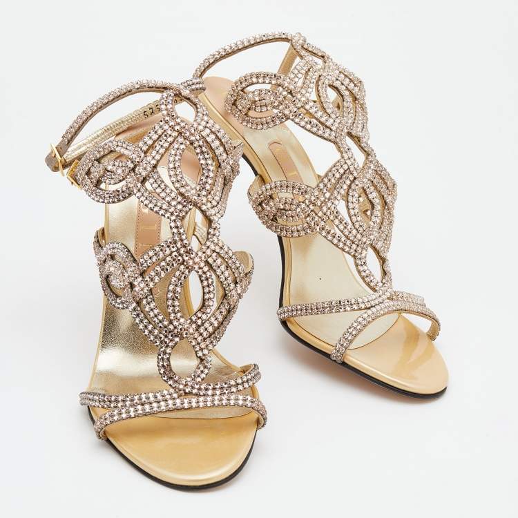 مملوكة مسبقًا Gina Beige Leather Crystal Enbellished Ankle Wrap Sandals Size 38