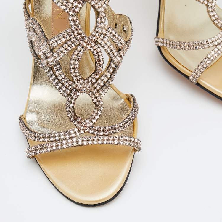 مملوكة مسبقًا Gina Beige Leather Crystal Enbellished Ankle Wrap Sandals Size 38