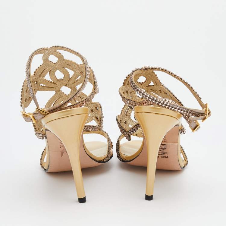 مملوكة مسبقًا Gina Beige Leather Crystal Enbellished Ankle Wrap Sandals Size 38