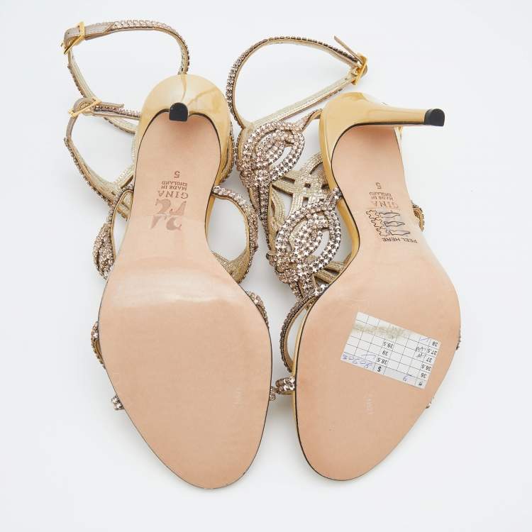 مملوكة مسبقًا Gina Beige Leather Crystal Enbellished Ankle Wrap Sandals Size 38