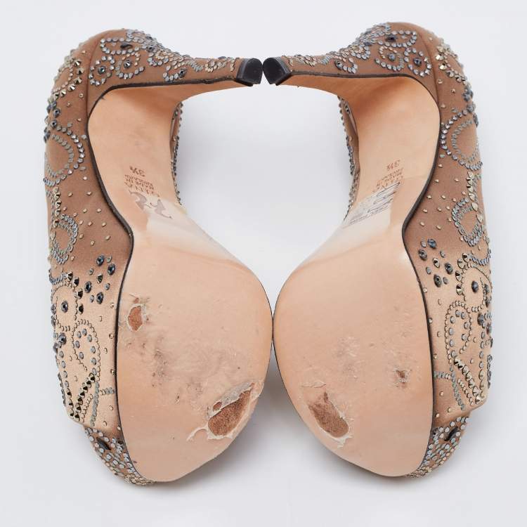 Pre Owned Gina Light Brown Satin Crystal Embellished Peep-Toe Platform Pumps Size 36.5