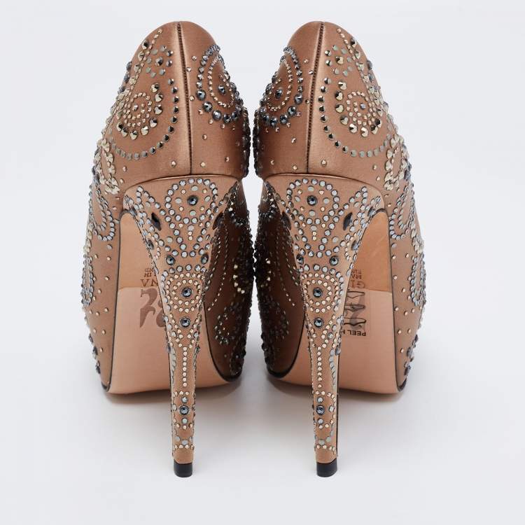 Pre Owned Gina Light Brown Satin Crystal Embellished Peep-Toe Platform Pumps Size 36.5