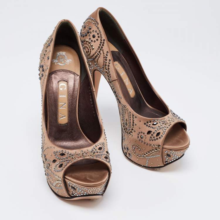 Pre Owned Gina Light Brown Satin Crystal Embellished Peep-Toe Platform Pumps Size 36.5