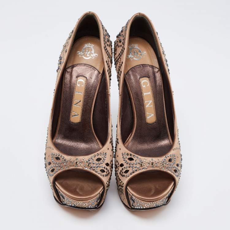 Pre Owned Gina Light Brown Satin Crystal Embellished Peep-Toe Platform Pumps Size 36.5