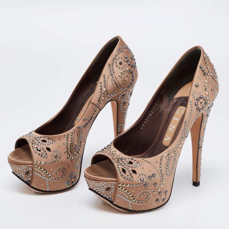 Pre Owned Gina Light Brown Satin Crystal Embellished Peep-Toe Platform Pumps Size 36.5