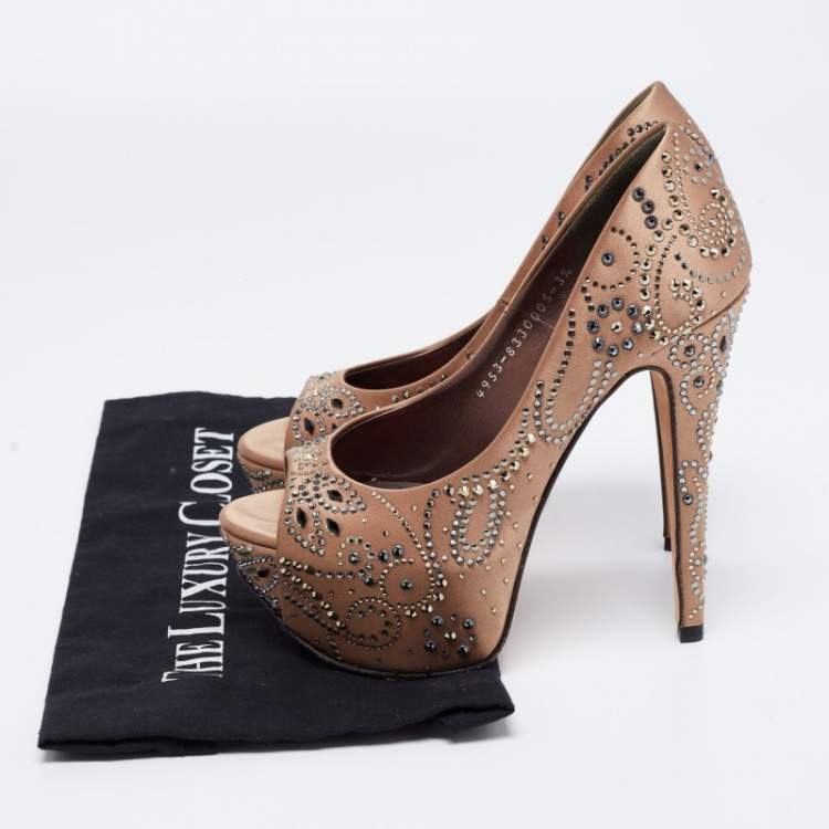 Pre Owned Gina Light Brown Satin Crystal Embellished Peep-Toe Platform Pumps Size 36.5