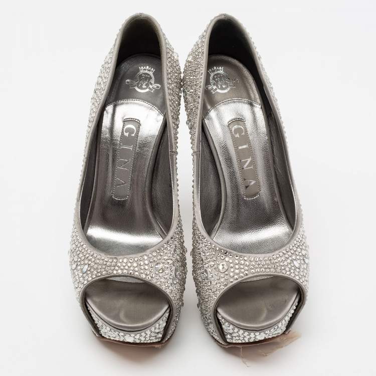 Pre Owned Gina Grey Satin Crystal Embellished Peep Toe Platform Pumps Size 36.5