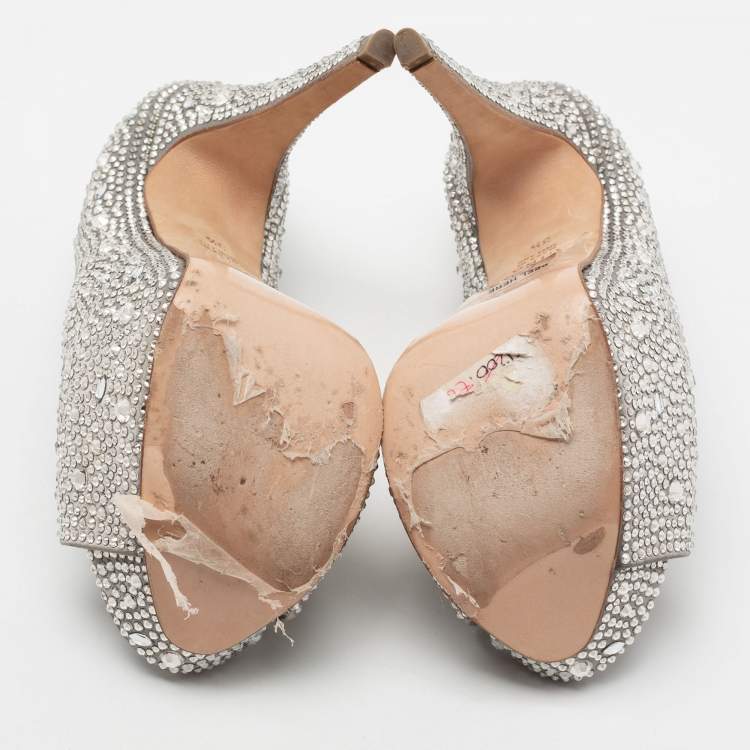 Pre Owned Gina Grey Satin Crystal Embellished Peep Toe Platform Pumps Size 36.5