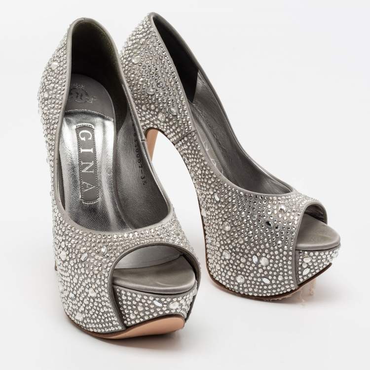 Pre Owned Gina Grey Satin Crystal Embellished Peep Toe Platform Pumps Size 36.5