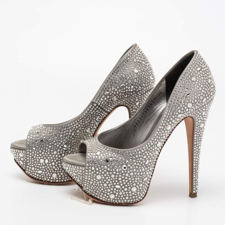 Pre Owned Gina Grey Satin Crystal Embellished Peep Toe Platform Pumps Size 36.5