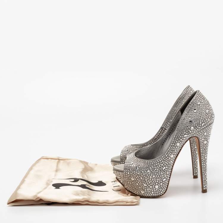 Pre Owned Gina Grey Satin Crystal Embellished Peep Toe Platform Pumps Size 36.5