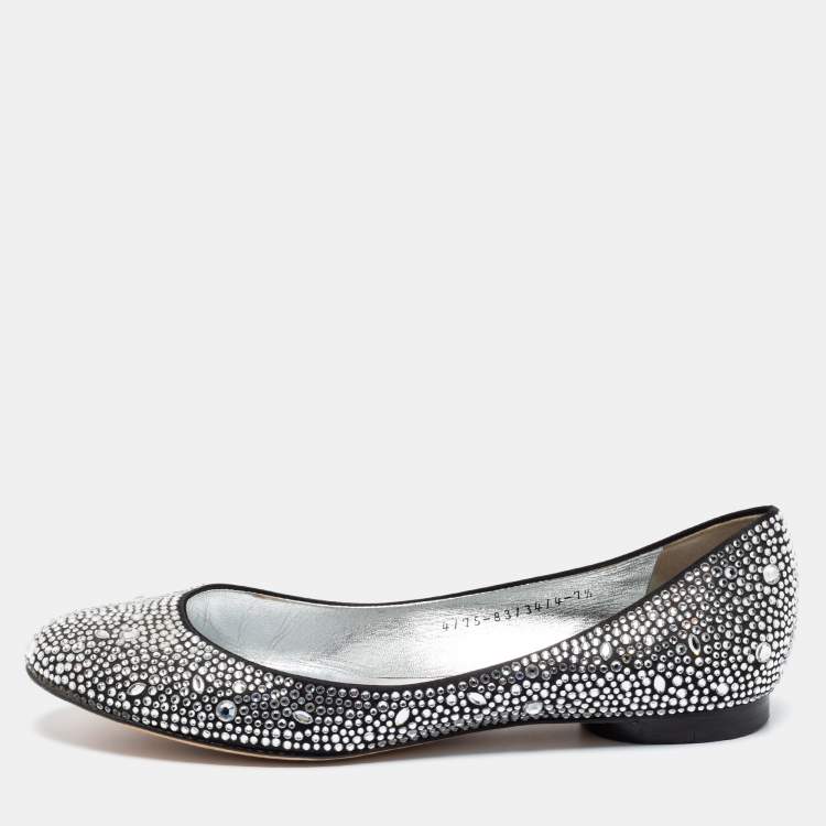 Pre Owned Gina Black Satin And Crystal Embellished  Ballet Flats Size 40.5