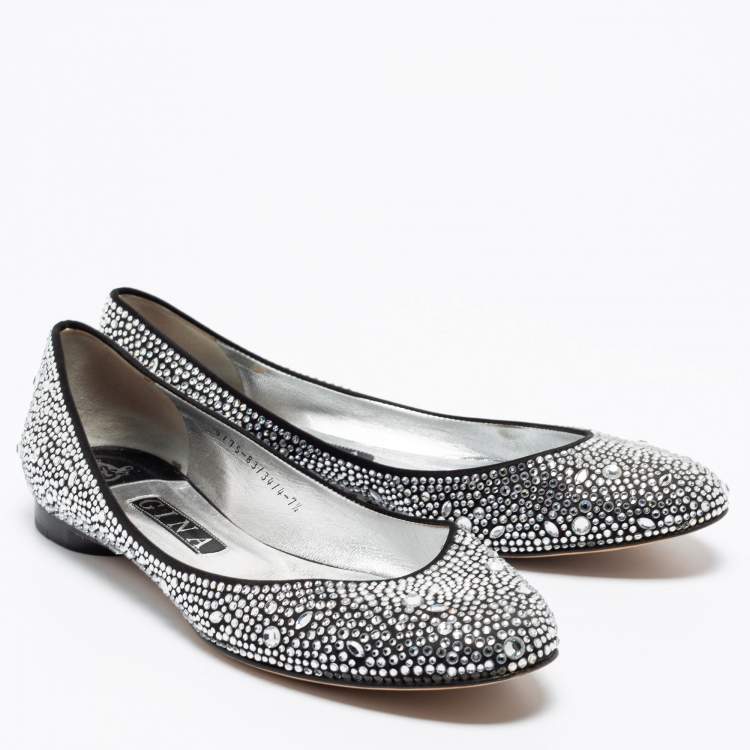 Pre Owned Gina Black Satin And Crystal Embellished  Ballet Flats Size 40.5