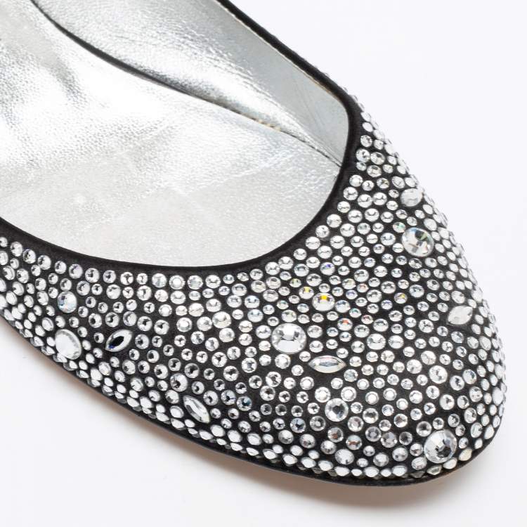 Pre Owned Gina Black Satin And Crystal Embellished  Ballet Flats Size 40.5