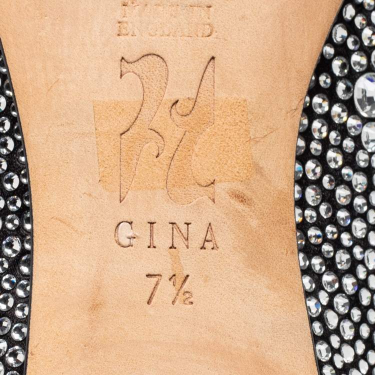 Pre Owned Gina Black Satin And Crystal Embellished  Ballet Flats Size 40.5