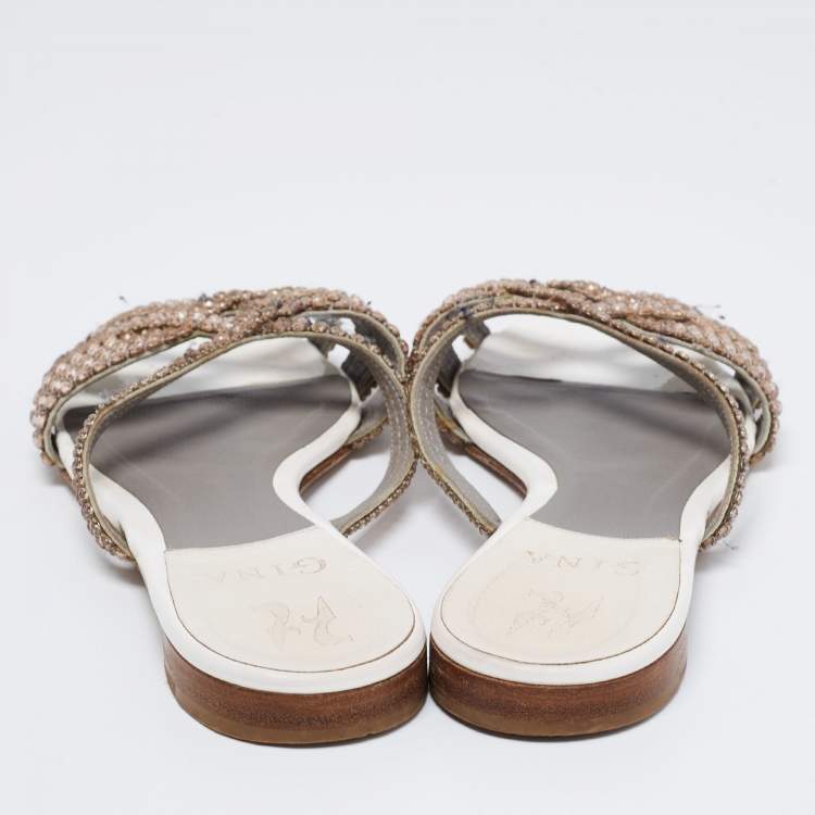 Pre Owned Gina White Leather Crystal Embellished Flats Size 38