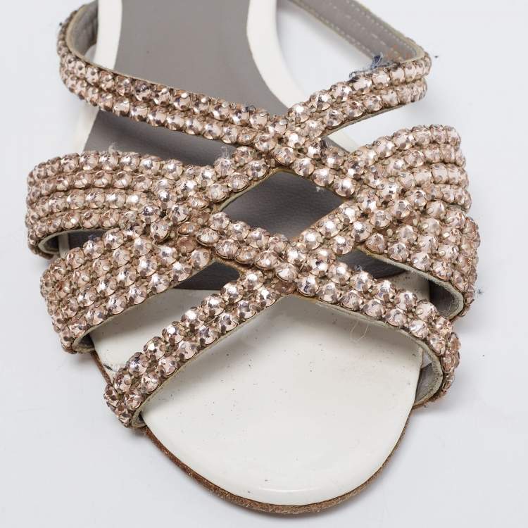 Pre Owned Gina White Leather Crystal Embellished Flats Size 38