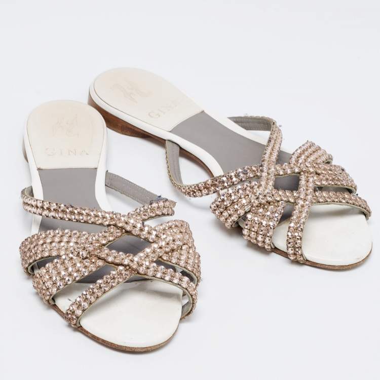 Pre Owned Gina White Leather Crystal Embellished Flats Size 38
