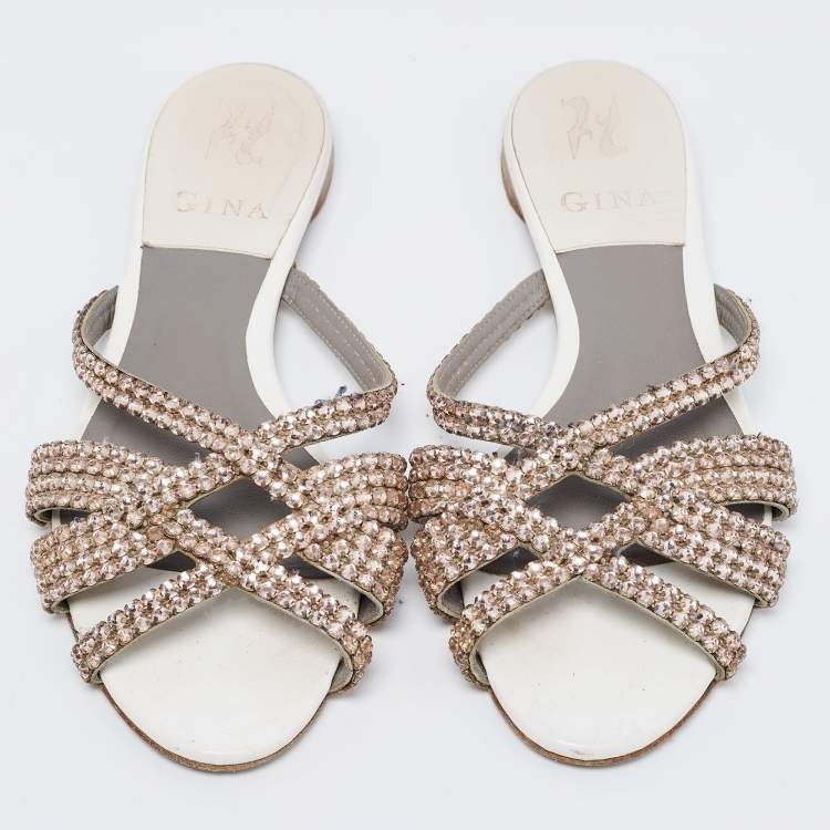 Pre Owned Gina White Leather Crystal Embellished Flats Size 38