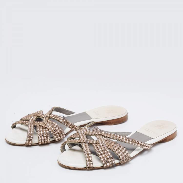 Pre Owned Gina White Leather Crystal Embellished Flats Size 38