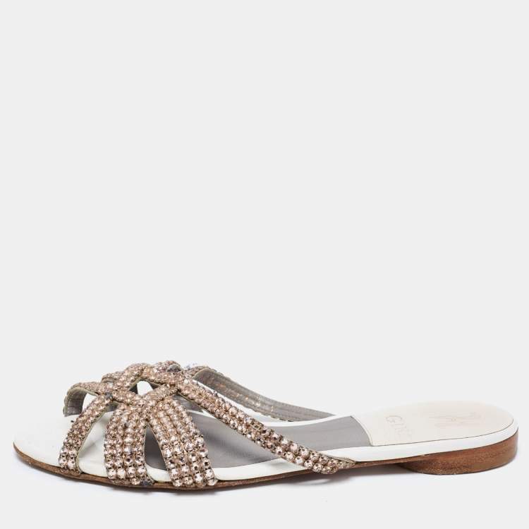 Pre Owned Gina White Leather Crystal Embellished Flats Size 38