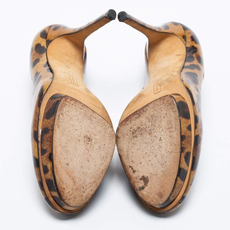 Pre Owned Gina Brown Leopard Print Patent Leather Round Toe Pumps Size 38