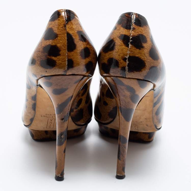Pre Owned Gina Brown Leopard Print Patent Leather Round Toe Pumps Size 38
