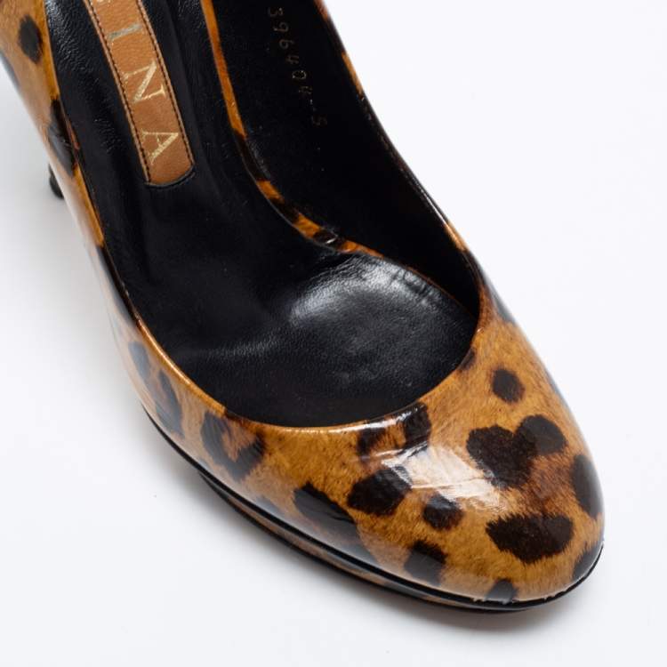 Pre Owned Gina Brown Leopard Print Patent Leather Round Toe Pumps Size 38