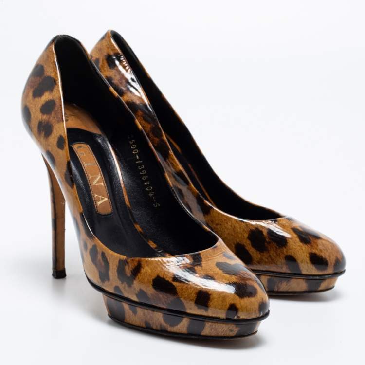 Pre Owned Gina Brown Leopard Print Patent Leather Round Toe Pumps Size 38