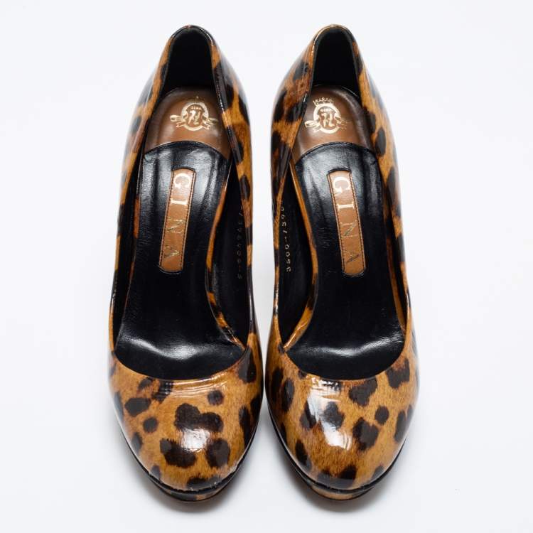 Pre Owned Gina Brown Leopard Print Patent Leather Round Toe Pumps Size 38