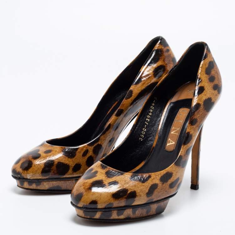 Pre Owned Gina Brown Leopard Print Patent Leather Round Toe Pumps Size 38