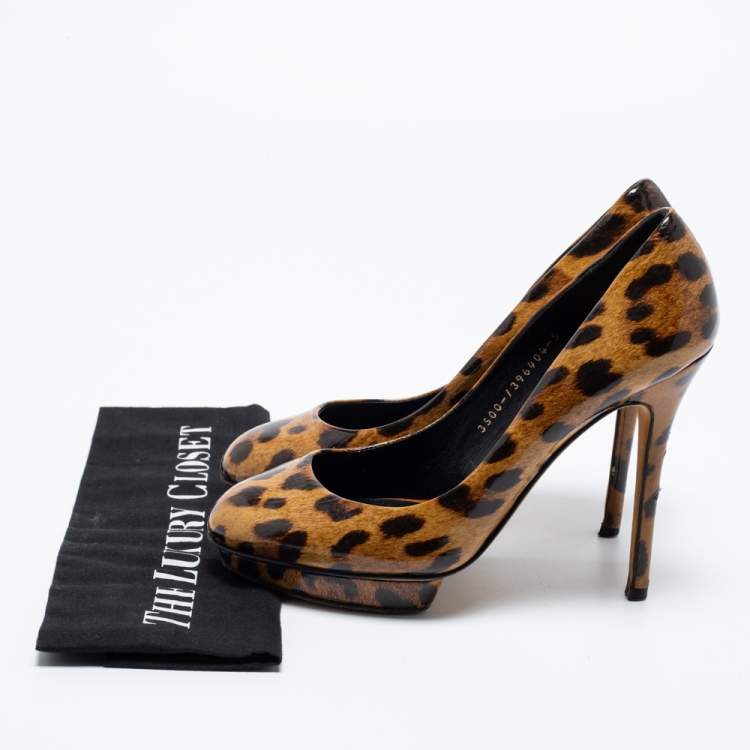 Pre Owned Gina Brown Leopard Print Patent Leather Round Toe Pumps Size 38