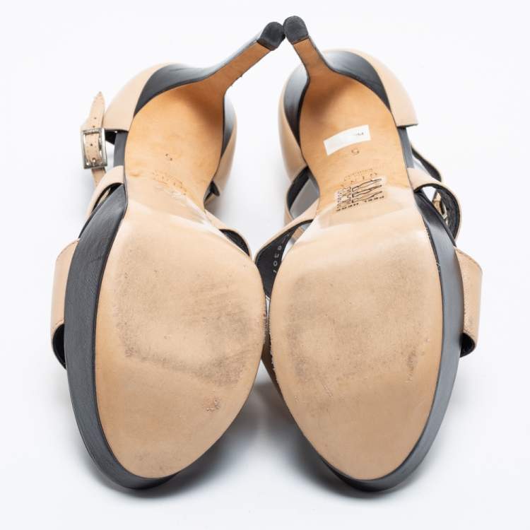 Pre Owned Gina Beige/Black Leather T-Strap Platform Sandals Size 38