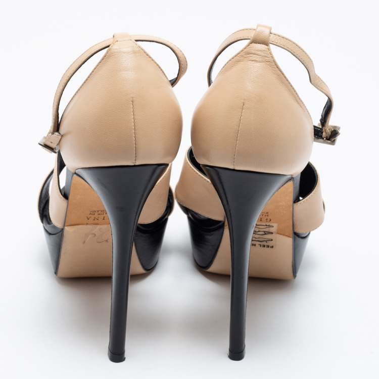 Pre Owned Gina Beige/Black Leather T-Strap Platform Sandals Size 38