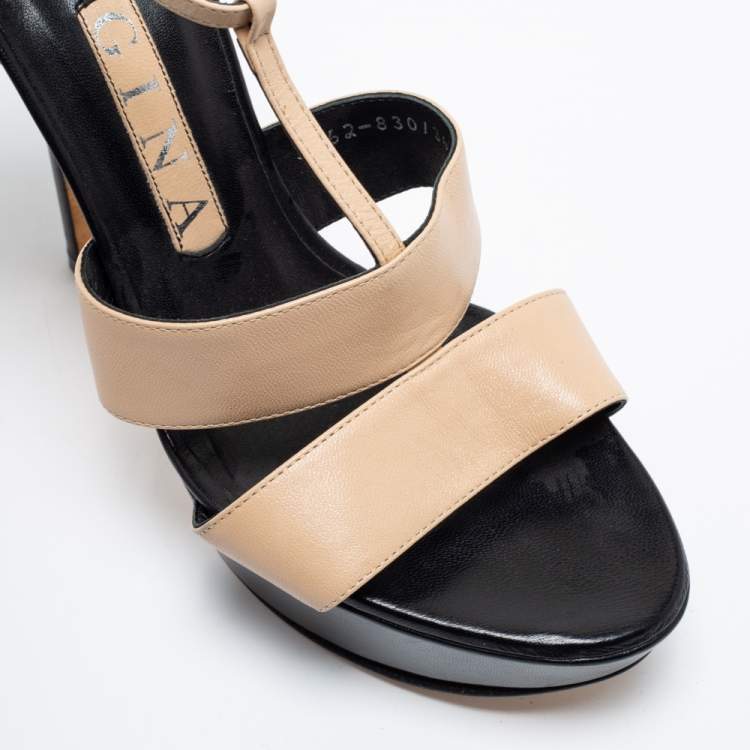 Pre Owned Gina Beige/Black Leather T-Strap Platform Sandals Size 38
