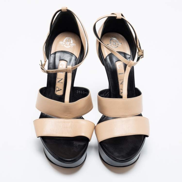 Pre Owned Gina Beige/Black Leather T-Strap Platform Sandals Size 38