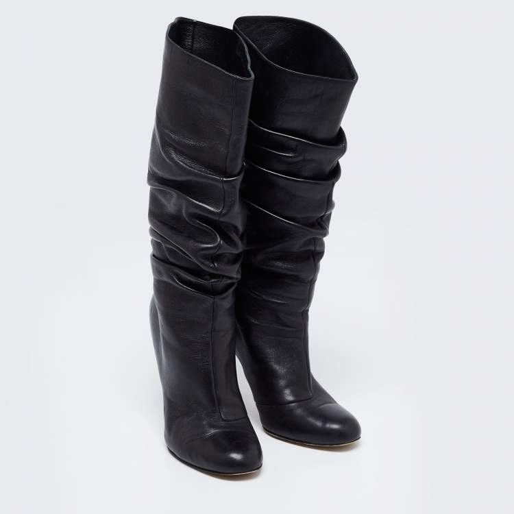 Pre Owned Gina Black Leather Midcalf Boots Size 39.5