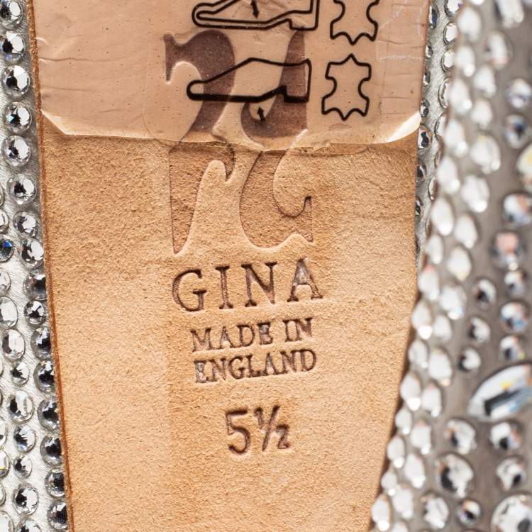 Pre Owned Gina Grey Crystal Embellished Satin Slingback Platform Peep Toe Sandals Size 38.5