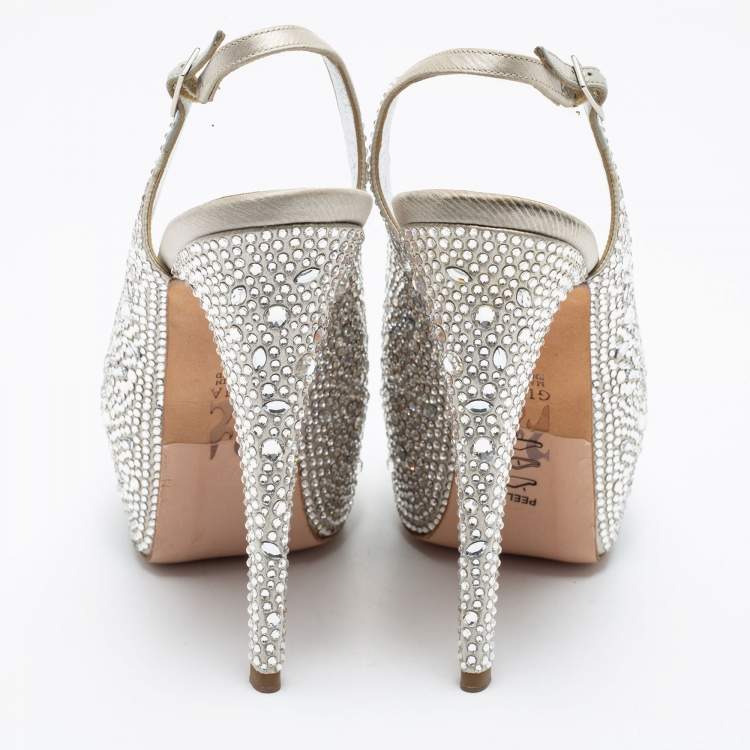 Pre Owned Gina Grey Crystal Embellished Satin Slingback Platform Peep Toe Sandals Size 38.5