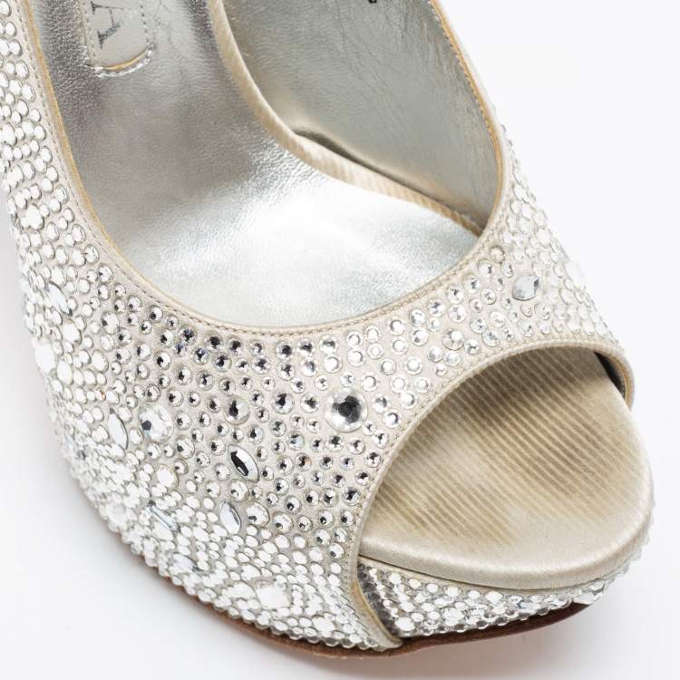 Pre Owned Gina Grey Crystal Embellished Satin Slingback Platform Peep Toe Sandals Size 38.5