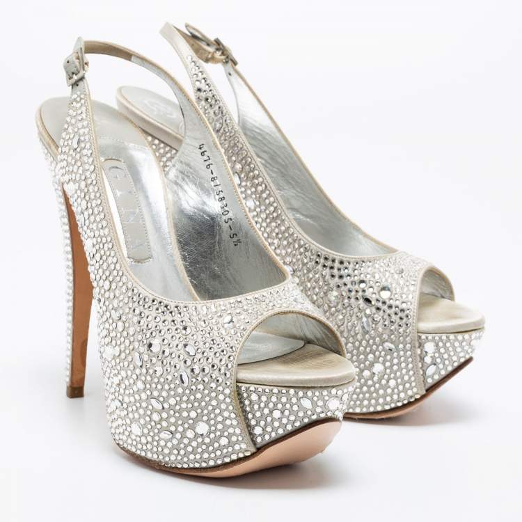Pre Owned Gina Grey Crystal Embellished Satin Slingback Platform Peep Toe Sandals Size 38.5