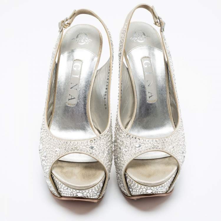 Pre Owned Gina Grey Crystal Embellished Satin Slingback Platform Peep Toe Sandals Size 38.5